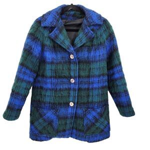 Vintage 60's Scotch House Coat Tartan Plaid Academia Grunge Blue Green Button M